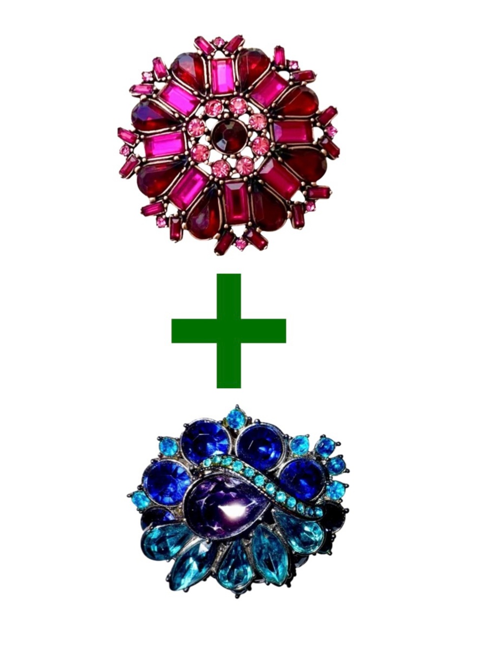 Set of 2 Colourful Vintage Brooches in Shades of Blue/Green & Pink/Purple/Red